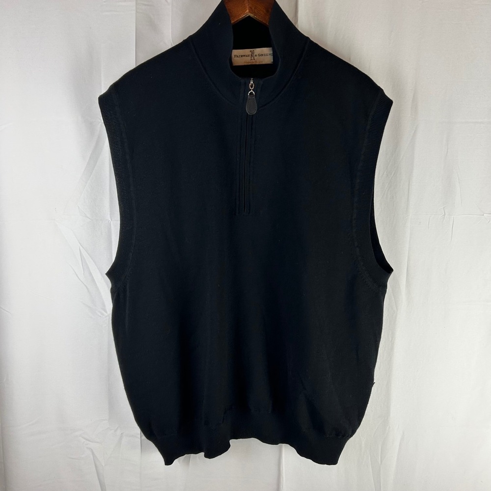 Fairway & Greene Mens Black 100% Wool‎ Quarter Zip Golf Vest Size Large